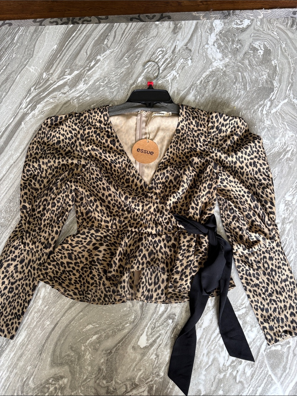 essue Leopard-Pattern Wrap Blouse with Black Tie